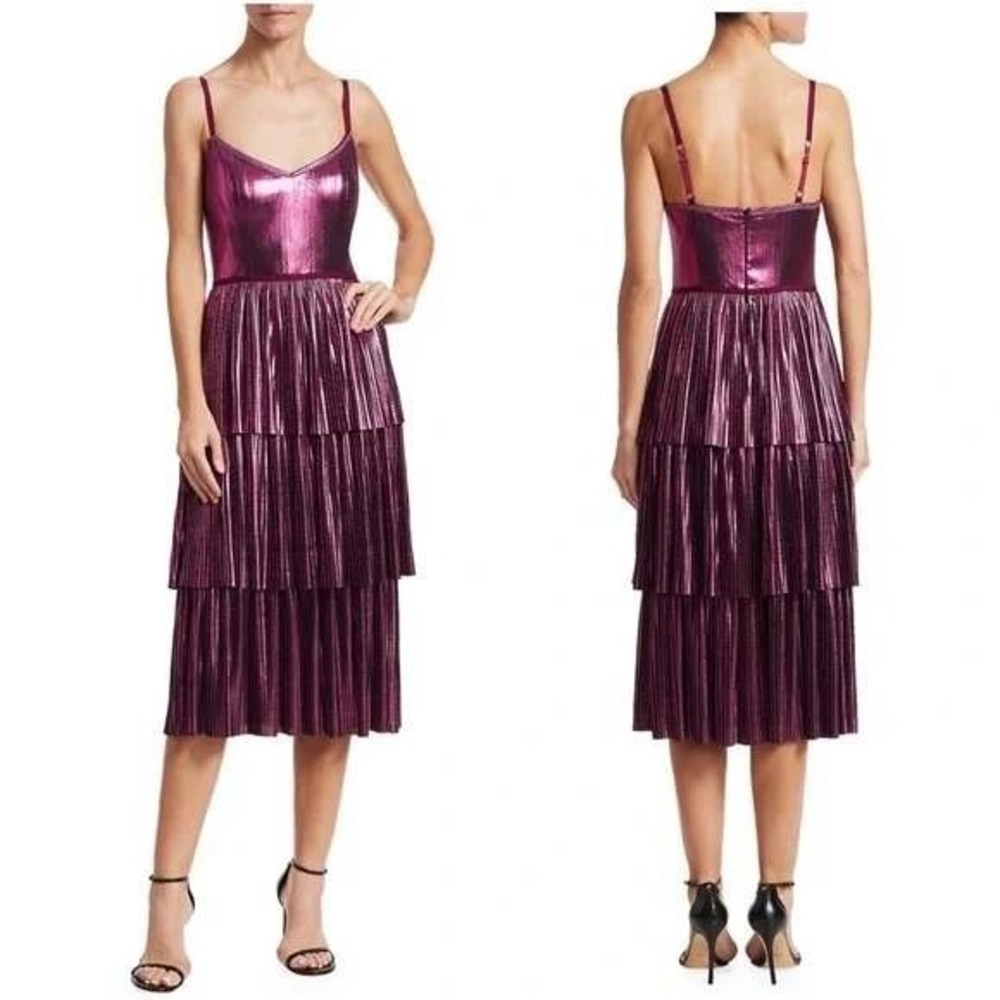 Marchesa Notte Metallic Plum Pleated Ruffle Tiered Dress Party Cocktail Plus‎ 14